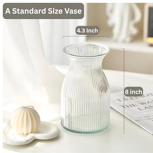 New 2026 Design Ribbed Glass Vase Wide - 8 Inch Tall Ribbed Vase for Wedding Reception, Home Decor, Housewarming Gift - Decorative Flower Vases - Bud Vase for Centerpieces & Cylinder Vases