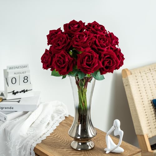 Ttranewsoo Fake Roses Faux Flowers Silk Roses Artificial Roses with Stems Realistic Artificial Flowers Suitable for Indoor Home Decoration DIY Bouquet Wedding Decor Party Decor 16.5In (12PCS, Red) - color: Red 12pcs