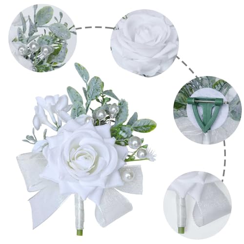 White Rose Boutonniere for Men Wedding Groom Groomsmen Artificial White Rose Flowers Boutonniere for Wedding Party Prom Homecoming Ceremony Anniversary Suit Decorations White Rose Boutonniere - color: White Rose Boutonniere