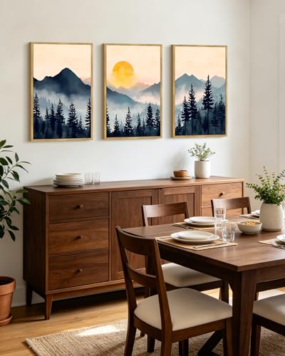 PHOPAGO Blue Fog Pine Tree Mountain Landscape Framed Wall Art Large 16x24in Retro Watercolor Nature Misty Forest Artwork Paints Sun Rise Rustic Farmhouse Home Decor - Natural Framed - color: Blue Mountain, size: 24L" x 16W" x 3 Pcs Natural