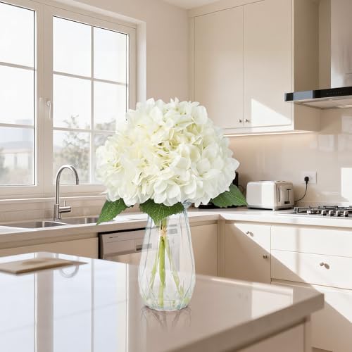 5-Piece Artificial Hydrangea Arrangement in Glass Vase - Fade-Resistant Silk Flowers with Faux Water for Table Centerpieces - color: Multi-hydrangea Stem in Vase, size: White