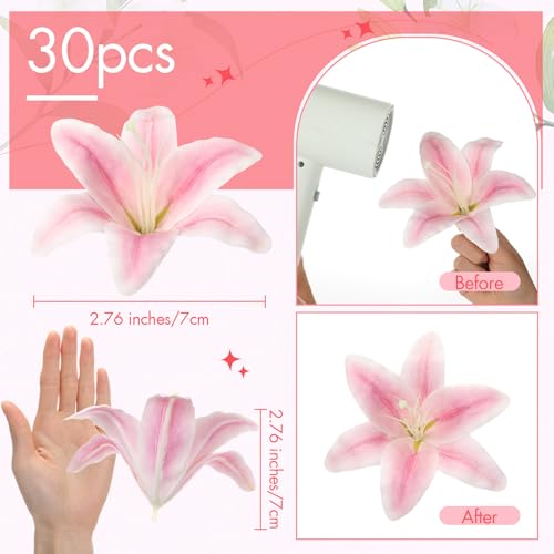 Suncalla 30 Pack Large Artificial Lilies Flower Heads with Realistic Stamens 5.9" Faux Fake Lily Flower Heads Bulk for DIY Crafts Cake Wedding Bridal Wreaths Table Home Party Decor (Pastel Pink) - color: Pastel Pink