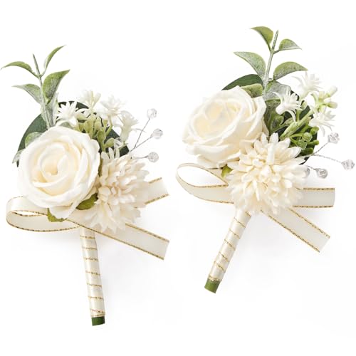 Serwalin 2 Pcs White Boutonniere for Men, Groom Groomsmen Best Man Guest Boutonnieres, Artificial Flowers Silk Rose for Wedding Prom Ceremony Anniversary Party Homecoming - color: A White, size: Boutonniere 2pcs