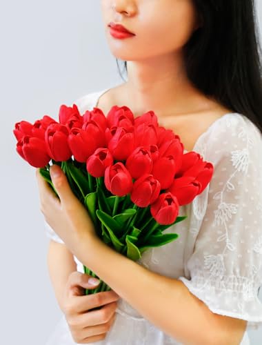 36 Pcs Tulips Artificial Flowers, 13 Inches Real Touch PU Fake Tulips for Wedding Bouquets, Home Decor - color: Red