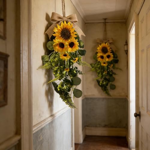 24in Artificial Sunflowers Teardrop Swag Spring Summer Sunflowers Floral Swag Wreath with Burlap Bow Fake Yellow Sunflower Garland for Front Door Indoor Outdoor Window Home Decor - color: Sunflower Swag