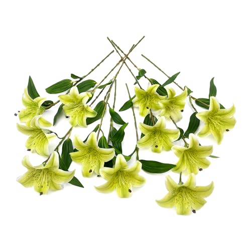 Artificial Lilies Flowers,10Pcs Faux Lily Flower,20''Tiger Lily Branch with 2 Full Blooms, Faux Fake Lilies Plants for Wedding Bouquet Home Party Indoor Floral Arrangements (10, Green) - color: Green