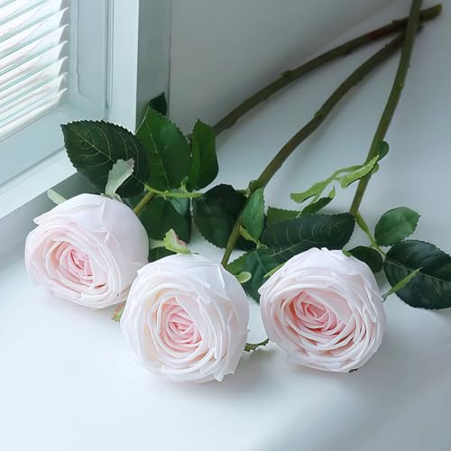 5Pcs Light Pink Real Touch Silk Flowers - Lifelike Roses Peony | Lifelike light pink roses & peonies with soft latex touch, no watering needed. Perfect for wedding bouquets, home decor & DIY - color: Light Pink