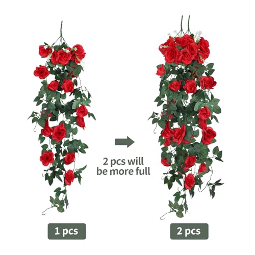 RECUTMS Artificial Red Roses Fake Hanging Flowers Plants, 4PCS 37 Inch Silk Floral Ivy Garland for Indoor Outdoors Home Garden Front Door Porch Wedding Derby Party Arch Valentines Greenery Decor - color: Red, size: 4pcs