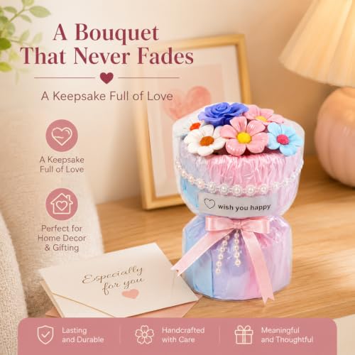 Porcelain Flower Bouquet - Handmade Ceramic Flowers Floral Arrangement, 6 Unique Blossoms, 6 inches Height, Shelf Living Room Decor, Ideal Gift for Mother’s Day, Birthdayr (Colorful-Rose) - color: Colorful-rose