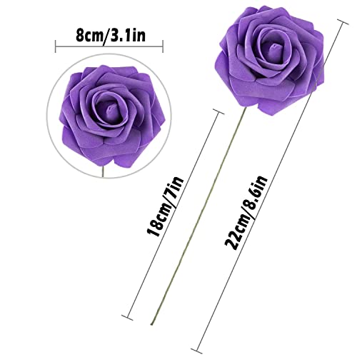 25pcs Artificial Flower Foam Rose Real Touch Roses Flower Heads with Stem for DIY Wedding Bouquets Centerpieces Arrangements Party Baby Shower Home Decor (Deep Purple) - color: Deep Purple