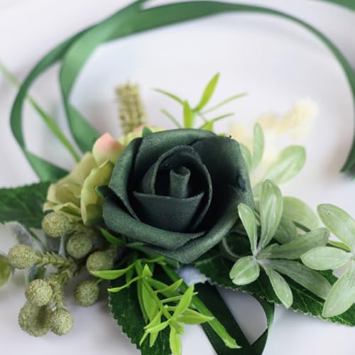 green Rose Wrist Corsage Boutonniere Set,Handmade Silk Flower for Bride Hand Flower Men Boutonniere, Prom Artificial Flower Wrist Corsage Bracelets