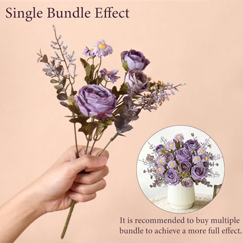 Fake Roses Artificial Flowers 3 PCS Purple Roses Artificial Flowers for Decoration Vintage Roses Silk Mini Rose with Daisy Floral Bouquet for Vase Centerpiece Table Wedding Party Bridal Decor - color: Purple, size: 3PCS