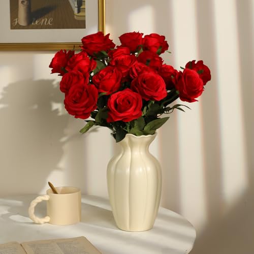Nubry 24pcs Artificial Red Roses, Fake Silk Roses Flower with Long Stems, Realistic Flowers for Bridal Wedding Party Table Centerpiece Home Decor - color: Red