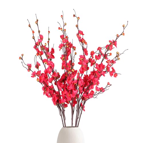8pcs Rose Red Cherry Blossom Branches Artificial Flowers for Winter Spring Indoor Decoration, 36" Plum Fake Peach Plants for Wedding Home Office Bedroom Party Decor (Rose red, 36in) - color: Rose Red, size: 36in