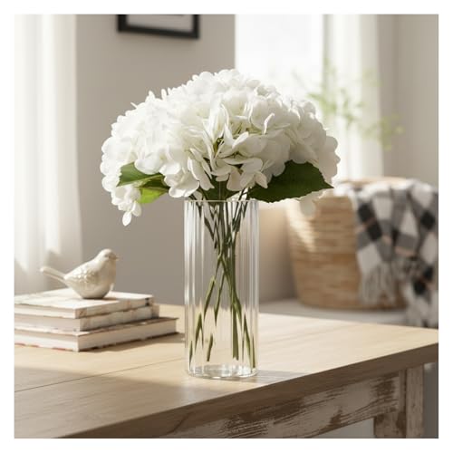 Artificial Hydrangea with Ribbed Glass Vase, 4 Stems, 12" | Real Touch Latex Faux Flowers, 10" Bloom Dia, Maintenance Free, for Table Centerpiece, Home Wedding Office Decor