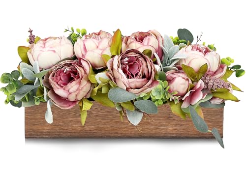 Pre-Made Flower Table Centerpieces for Dining Room Wedding Artificial Peony Table Decorations Wood Tray with Fake Flowers for Living Room Party Bar Kitchen Table(Vintage Pink) - color: Vintage Pink
