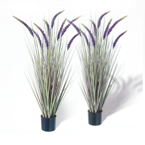 KOL 4ft 2-Pack Faux Veronica Spiked Speedwell Grass, 47in Artificial Veronica Spicata Flower, Tall Reed Grass for Home Office Garden Wedding Décor, Indoor/Outdoor Fake Plant, UV-Resistant, Purple - color: Purple-green, size: 4FT