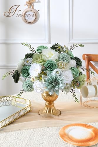 Floweroyal Artificial Flowers Combo Green Flowers Mix Silk Flowers Dahlia Roses with Stems for DIY Wedding Bridal Bouquets, Baby Shower, Floral Arrangement, Table Centerpieces, Home Decorations. - color: Forest Green