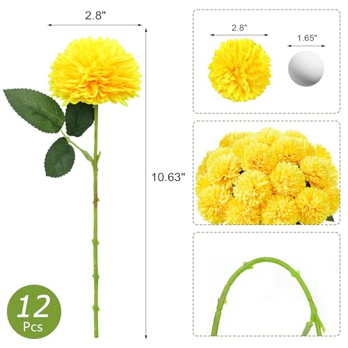 SITUMEIZI 12 Pcs Yellow Artificial Chrysanthemums Flowers Ball Flower Fake Mums Silk for Fall Thanksgiving Day Wedding Home Kitchen Decoration Floral Arrangement - color: Yellow, size: 12 Pieces