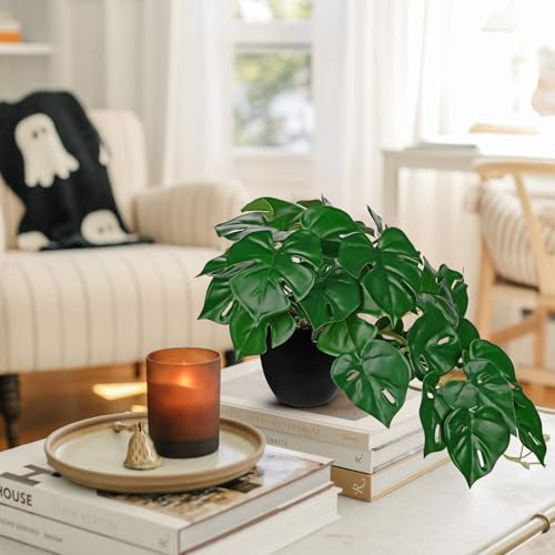 DILATATA Fake Plants Indoor 9 Inch Artificial Monstera Plant in Black Plastic Pot - Faux Potted Tropical Palm Plant for Home Aesthetic Decor Living Room Shelf Office - color: Monstera #Plastic#style 2