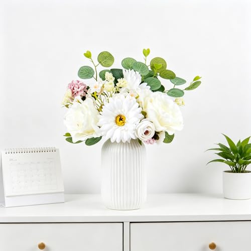 Zerzsy Artificial Flower Small Bouquet, 2 Bouquets Mixed Pink Artificial Peonies, Fake Flowers Bride Holding Flower Faux Flora Vase Decorating for Bride Spring Home Desk Table Centerpiece Decor - color: White-4, size: 2 Bouquets