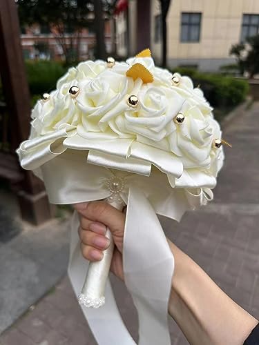 Handmade Wedding Bouquet Artificial PE Rose Bridal Bridesmaid Bouquet with Soft Ribbons Wedding Hand Holding Bouquet Artificial Fake Flowers Toss Bouquet(A-Ivory, 7.9"/20cm) - color: A-ivory, size: 7.9"/20cm