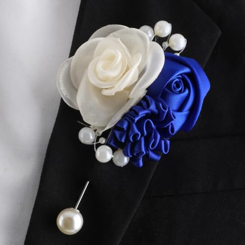 Wedding Prom Party Satin Rose Wrist Corsage Flower, 2Pcs Boutonniere and Wrist Corsage Wristband Roses Prom Flower Wedding Flowers Accessories Prom Suit Decorations (Royal Blue) - color: Royal Blue