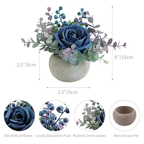 Small Artificial Blue Rose Potted Plant, 6" Fake Silk Flowers in 3.5" Round Pot, Mini Faux Floral Arrangement for Desk Shelf Bathroom Decor - color: Blue