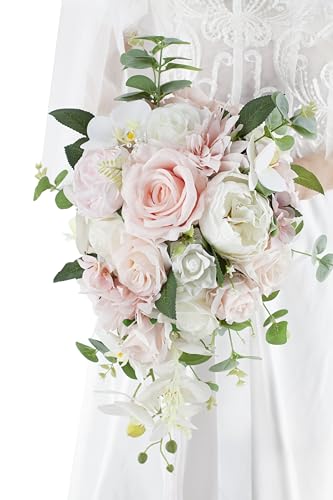 10 Inch Blush Wedding Bouquets for Bride Artificial Roses Flower Cascading Cascade Bridal Bouquet for Rustic Boho Fall Vintage Wedding Ceremony Party and Anniversary - color: Blush