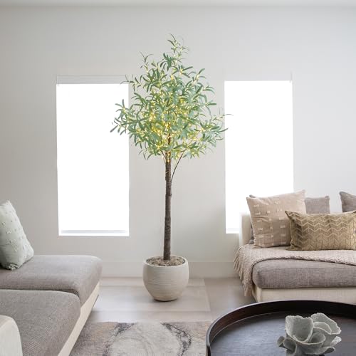 Nearly Natural 6-FT Artificial Olive Tree with 420 Warm White LED Lights, Faux Olive Tree Indoor Home Décor, Pre-lit Fake Tree with Lifelike Fruits and Sturdy Base Stand