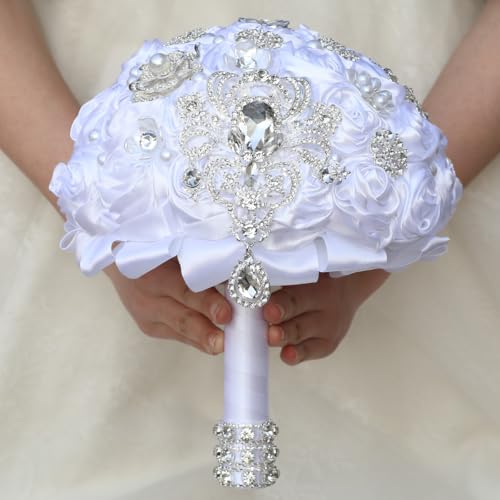 Bridal Wedding Bouquet Round Bling Brooch Bouquet Artificial Rose Flower Bunch for Bride Bridesmaid Wedding Quinceanera(White, 7.5") - color: White, size: Small (Dia. 7.5"/19cm)
