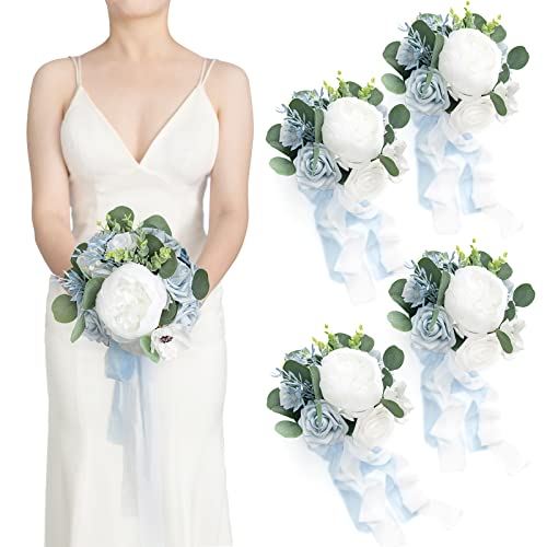 Ling's moment Artificial Bridesmaid Bouquets Set of 4,Dusty Blue Wedding Flower Bouquets White Floral Bouquet Light Blue Rose Bridal Bouquets with Ribbon,Ceremony,Anniversary,7-inch Diameter - color: Blu-dusty Blue & Navy