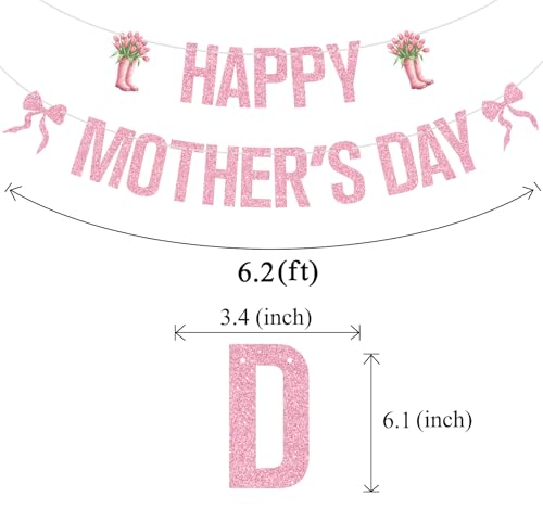Pink Glitter Happy Mother's Day Banner, Feliz Dia Mama/Best Mom Ever, Bowties Tulip Bouquet Mother's Day Mother's Birthday Party Decorations Supplies