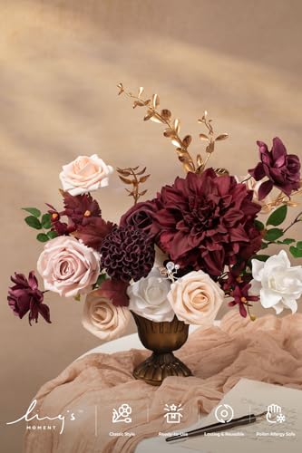 Ling's moment Fake Flowers Box, Faux Artificial Greenery Stems Foam Roses Gardenia Silk Dahlia Fabic Flower for Centerpieces Bouquet Wedding Vase Decorations, Marsala & Soft Peach, Grand Combo - color: Red-marsala & Soft Peach, size: Grand