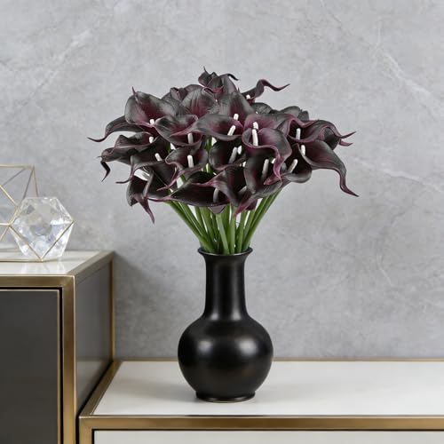 Calla Lily Bridal Wedding Festival Decor Bouquet Real Touch Latex Flower Bouquet Pack of 20 (Black Burgundy) - color: Black Burgundy