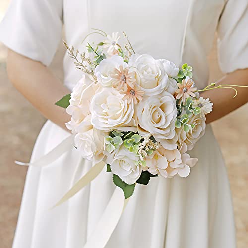 Ansofi Wedding Bouquets for Bride Bridesmaid Tossing Wedding Bouquet Beige White Rose Artificial Bridal Bouquet for Boho Rustic Wedding Ceremony Anniversary - color: Bridesmaid Bouquet