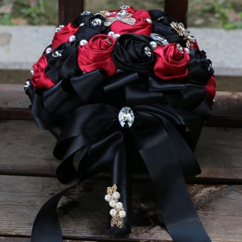 Wedding Bridal Bouquet Handmade with Luxury Gold Brooch Rhinestone Pearl for Bride Bridesmaid Quinceanera Bouquet Satin Rose Flower Bouquet Wedding Black and Burgundy 9.8in - color: Burgundy & Black, size: Extra-large (DIA. 9.8"/25cm)