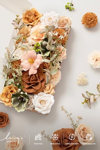 Ling's moment Fake Flowers Box, Faux Artificial Greenery Stems Foam Roses Dahlia Gardenia Tulip Silk Carnation Fabic Flower for Centerpieces Bouquet Wedding Vase, Apricot & Peach, Deluxe Combo - color: Or-apricot & Peach, size: Deluxe