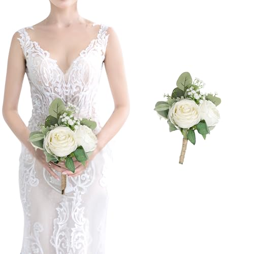 SEMONONIA Wedding Bridesmaid Bouquet Flower 1 Pack - Ivory White Artificial Flowers Bouquet Rustic Small Floral Centerpieces for Marriage Proposal Party Anniversary Dining Table Decorations -7inch - color: White, size: 1pcs Bouquets