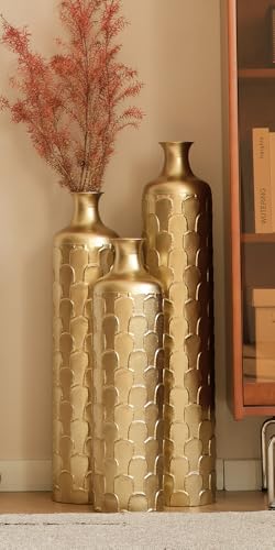Tall Floor Vases Set of 3 for Decor Living Room Floor, Gold Vases Home Decor, Embossed Body Pattern,34.25" H/29.33" H/25.2" H Geometric Cylinder (Gold 9) - color: Gold 9