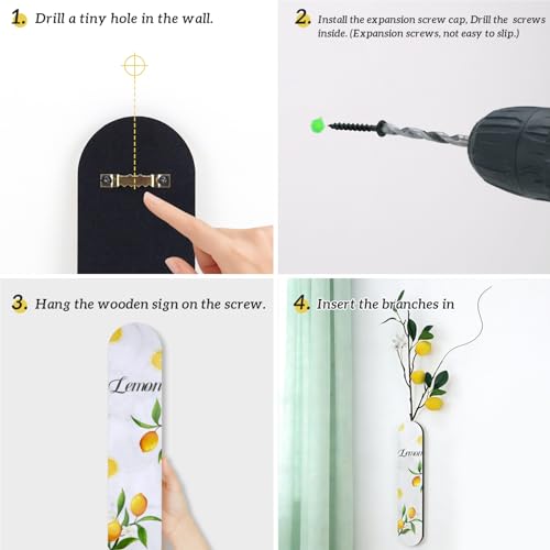 Woration 1PC Wall Mounted Wood Lemon Theme Decoration Fake Plant Hanging Wooden Plaque Vase Planter with Artificial Fruit Branche Art Wall for Bathroom Bedroom Kitchen Office Home - White - color: Artificial Lemon Branche