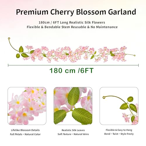 Pink Cherry Blossom Garland, 2‑Pack – 6FT Artificial Silk Flower Vines for Wedding, Party, Arch, Wall & Living Room Décor, Indoor/Outdoor - size: 6FT-Pink