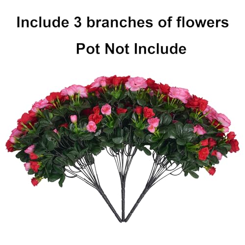 Artificial Faux Outdoor Flowers Plants for Spring Summer Decoration, Fake Silk Camellia UV Resistant Look Real for Planter Outside Front Door Porch Patio Balcony, 3 Large Bundles (Melon Red+Red) - color: Melon Red+red