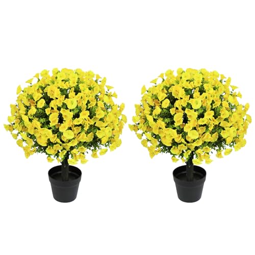 24" Artificial Potted Plants Outdoor Set of 2, UV Resistant Faux Yellow Flowers with Eucalyptus, Decorative Plants in Pots for Front Porch, Patio & Entryway - color: Yellow, size: 24in Morning Glory Eucalyptus