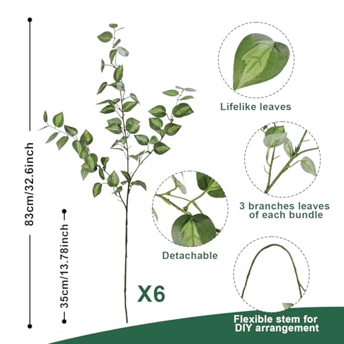 6PCS 32.7inch Long Artificial Stems Faux Greenery Stems for vase Faux Green Leaves Fake Plants branches Eucalyptus Leaves Faux Pothos Stems Artificial English Ivy for Home Decor Farmhouse Aesthetic - color: Green