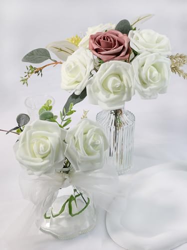 Artificial Flowers 25 Pack Ivory Ivory White Faux Foam Roses with Stems, Real Looking Fake Rose for DIY Wedding Bouquets, Bridal Shower Centerpieces, Party Table Decorations, Home Decor - color: Ivory White, size: 25Pcs