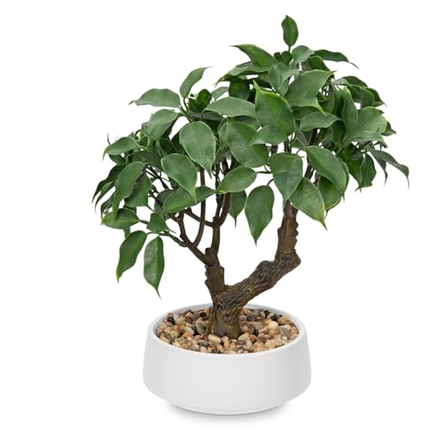 Artificial Bonsai Tree, Small Ficus Bonsai Tree 13" Indoor Bonsai Tree | Fake Potted Plant Decorative Fake Desk Plant Decor with Ceramic Pot for Home Office Living Room Bathroom Table Shelf - color: Green Ficus&white Pot
