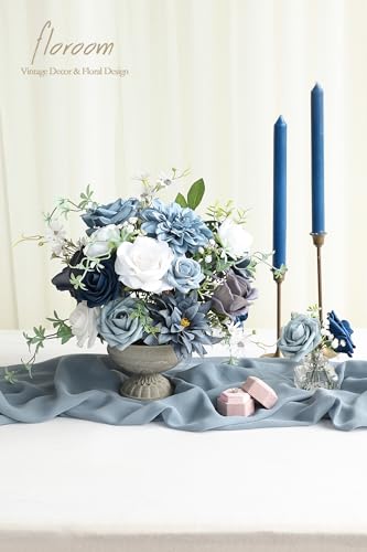 Floroom Dusty Blue Navy Artificial Flowers Fake Roses Peonies Dahlias and Greenery Combo Box Set for DIY Wedding Bouquets Bridal Shower Centerpieces Floral Arrangements Party Tables Home Decorations - color: Serene Dusty Blue