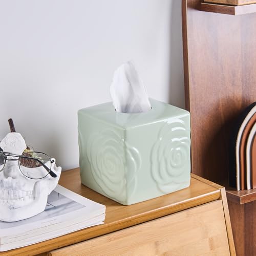 Light Green Ceramic Cube Tissue Box Cover with Rose – Large Elegant Rose Floral Square Decorative Tissue Box Holder for Bathroom, Bedroom, Office Desk, Kitchen Counter – Perfect Housewarming Gift - color: Light Green