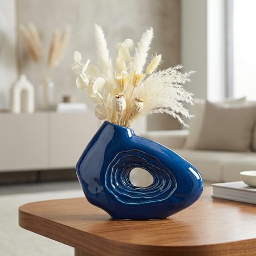 Sunddo Blue Ceramic Vase for Modern Home Decor - 7 Inch Small Donut Vase, Boho Style Decorative Vase for Flowers, Bathroom, Shelf Centerpiece - color: Blue, size: 7 inch